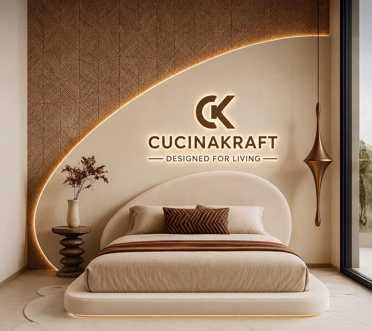 Curved textured wood wall panel above a bed