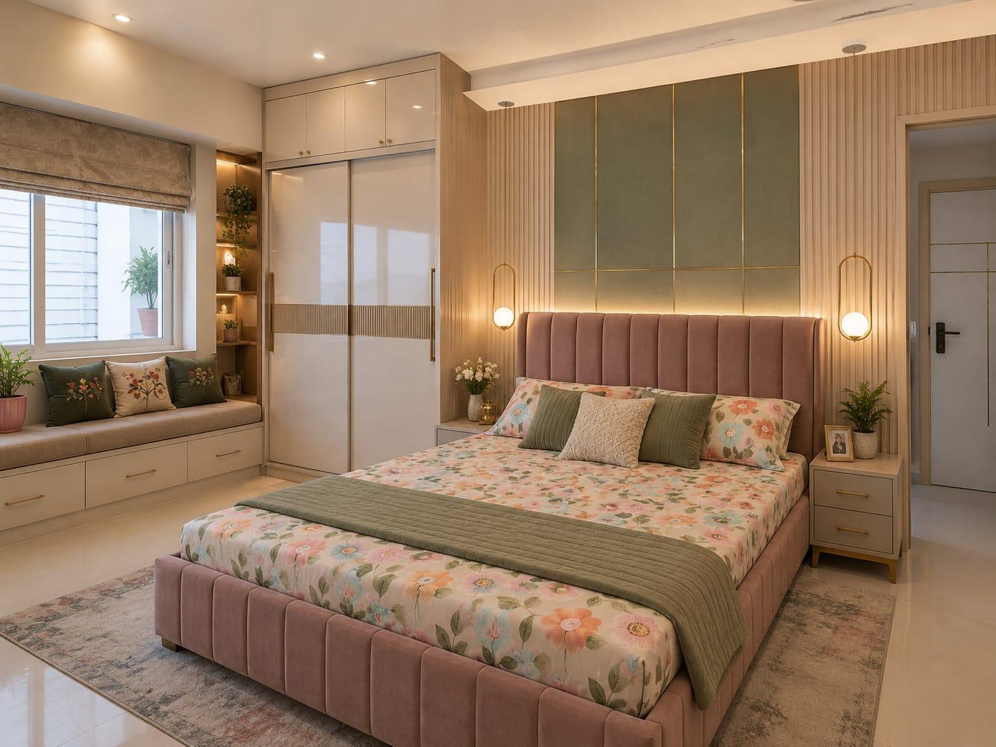 Bedroom with white gloss sliding wardrobe