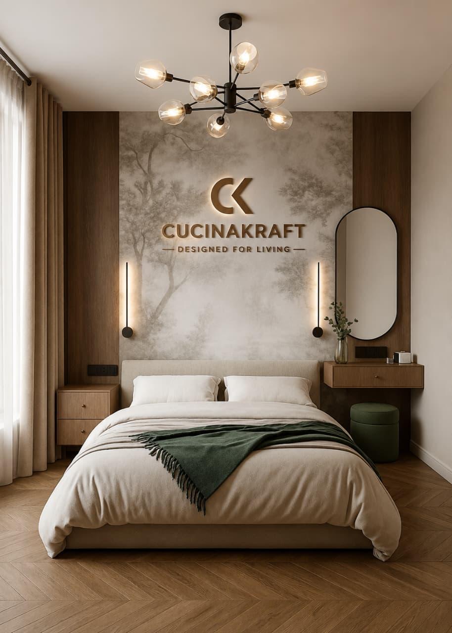 Bedroom with mural wall and wood side panelling