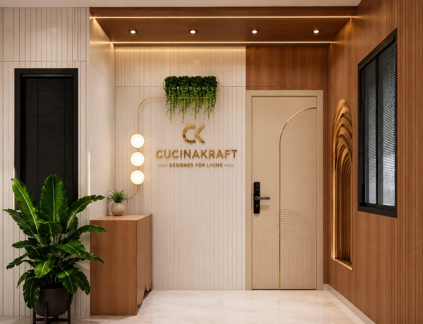 Cream entrance door with brass arch inlay and wood panelling