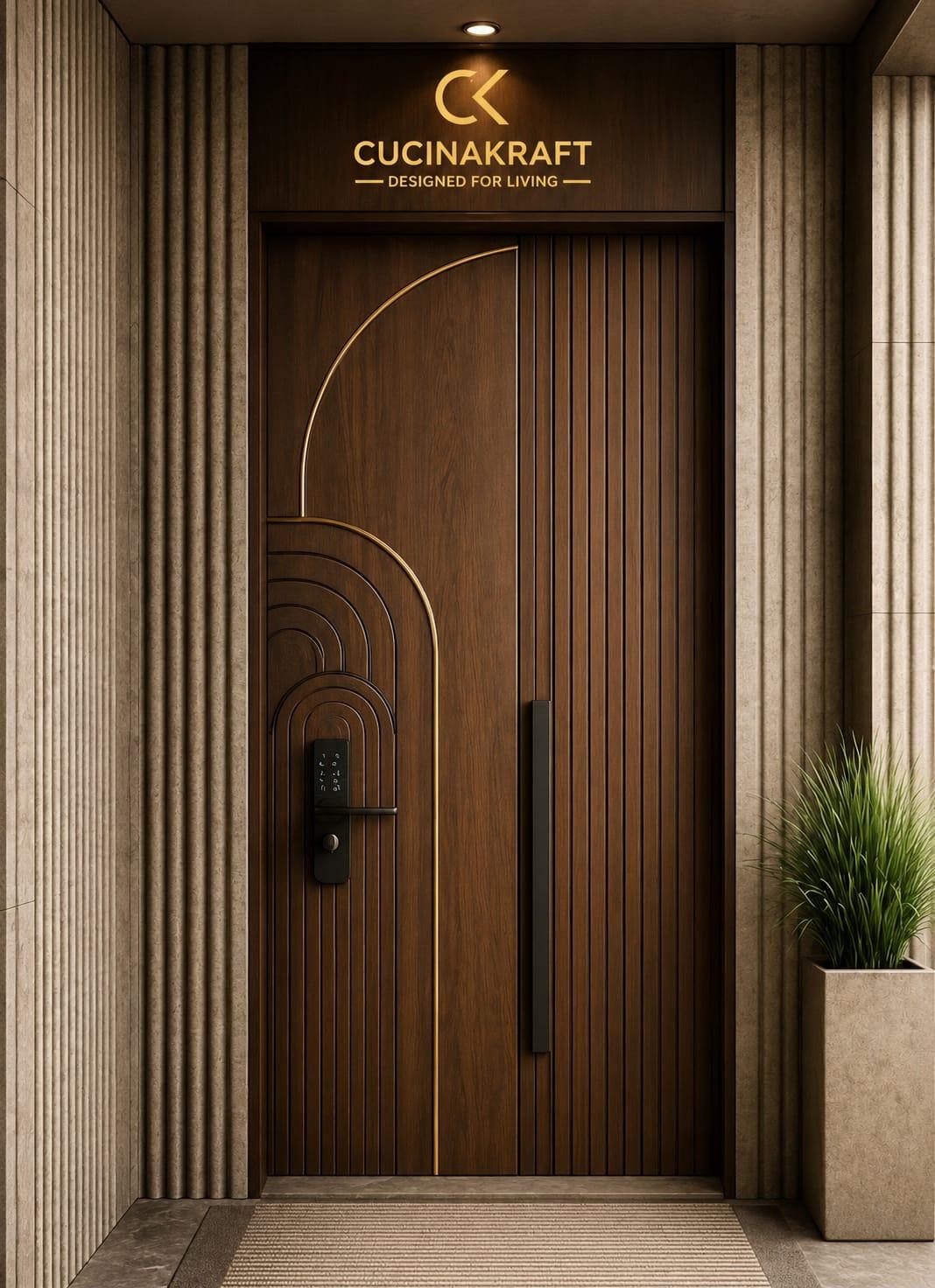 Fluted walnut entrance door with brass arch inlay