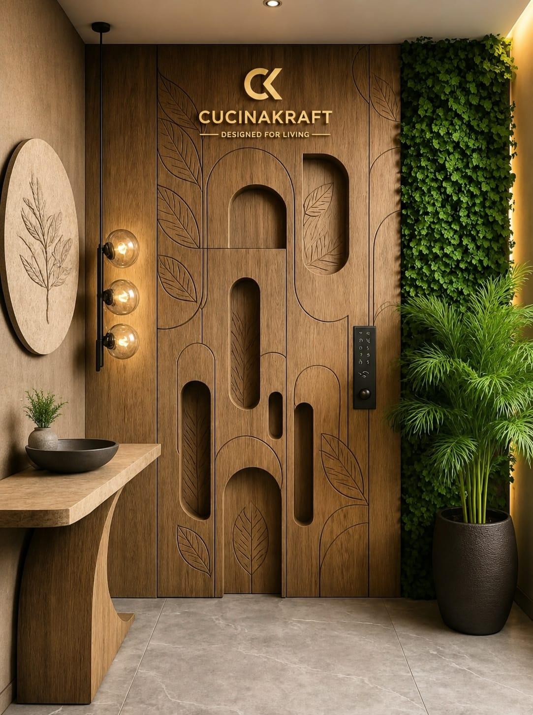 Entrance door with hand-carved leaf motif beside a living green wall