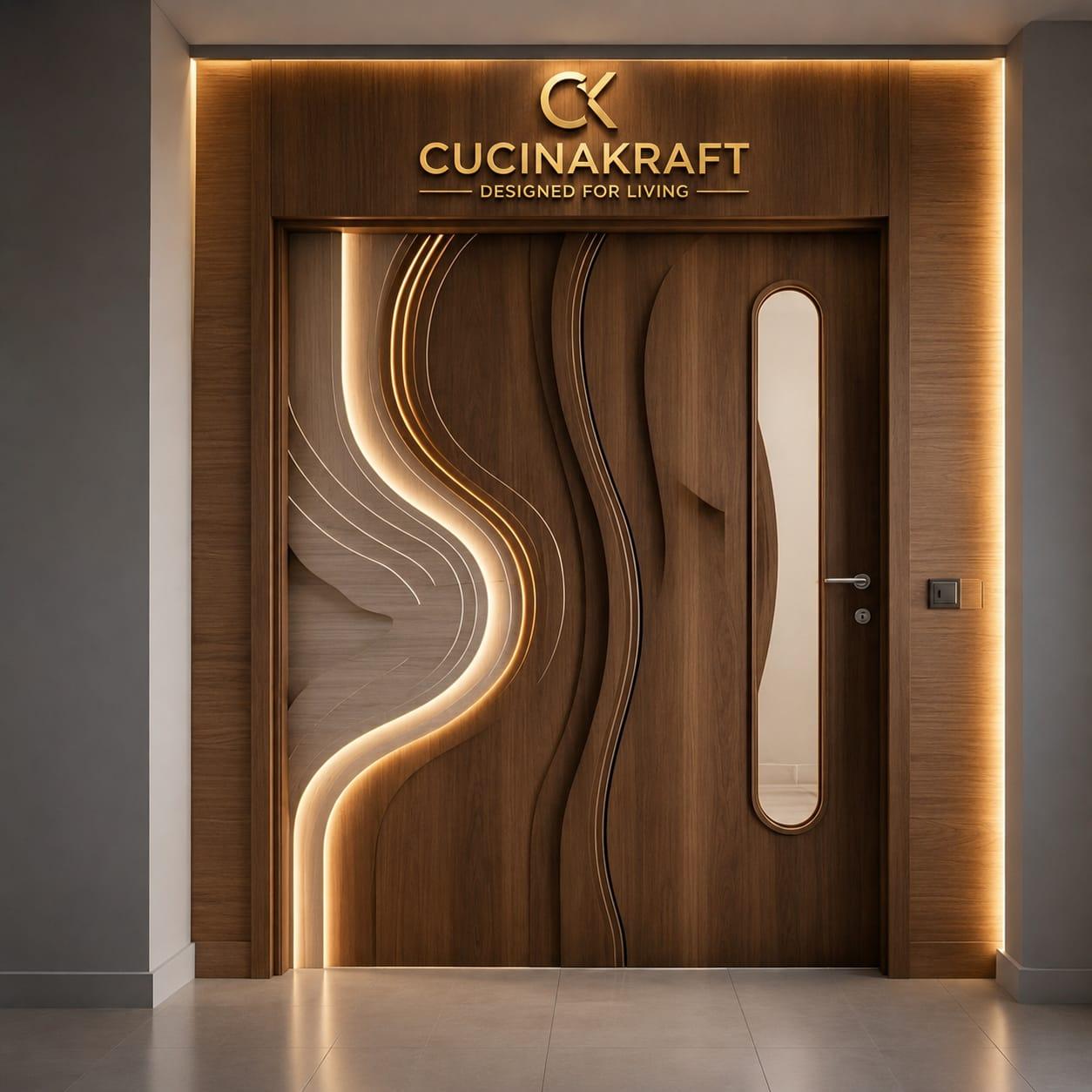 Walnut entrance door with sculptural wave-pattern carving