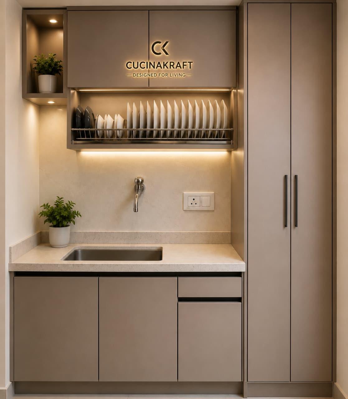 Compact utility kitchen with backlit CucinaKraft signage