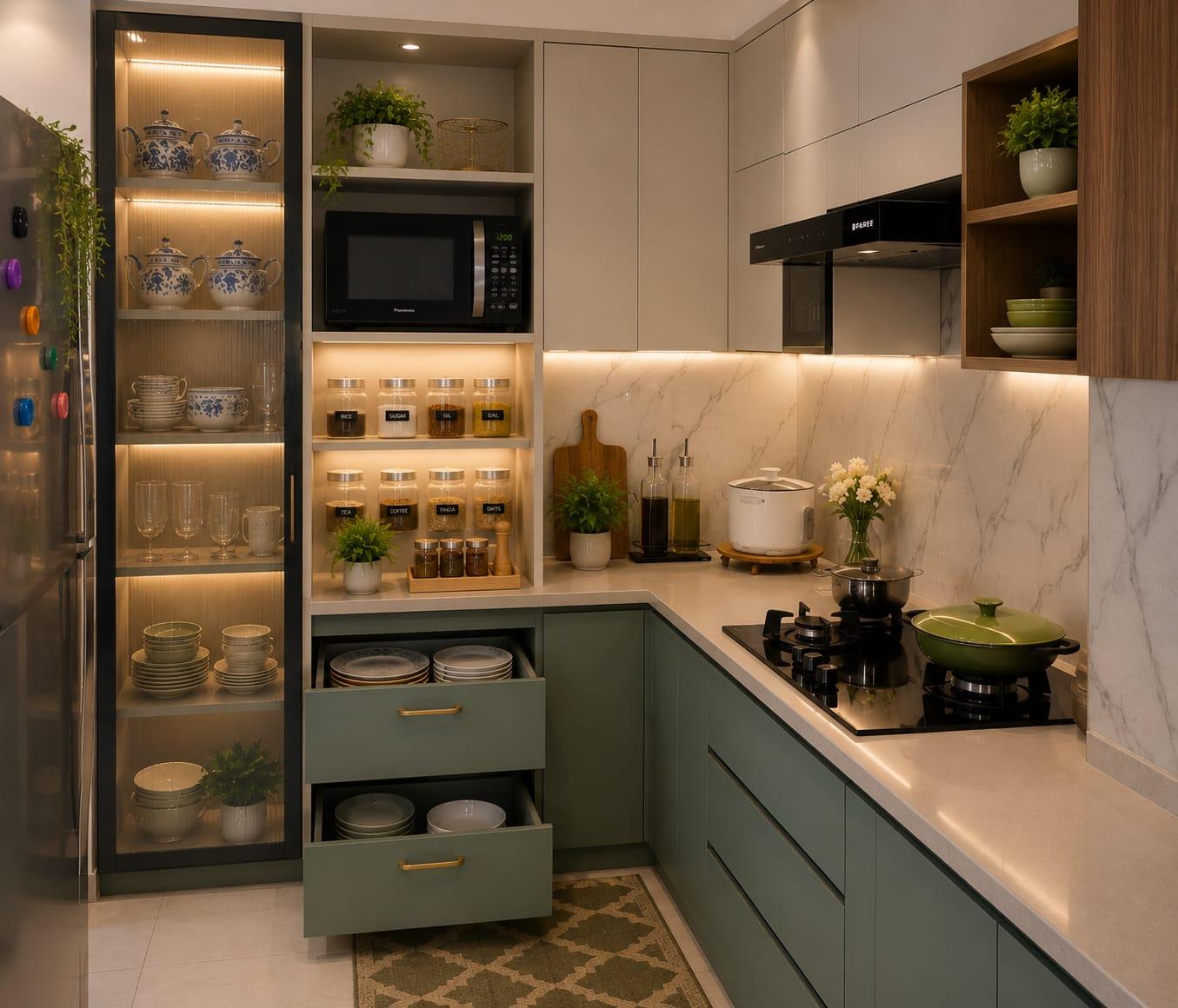 Kitchen with glass-front crockery unit and hob