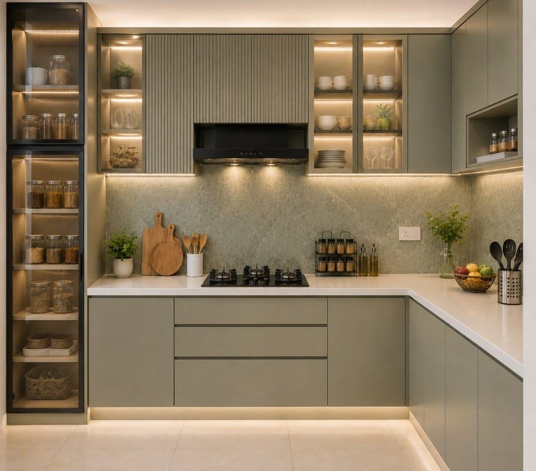 Tall kitchen pantry unit with glass-front jar storage and lighting