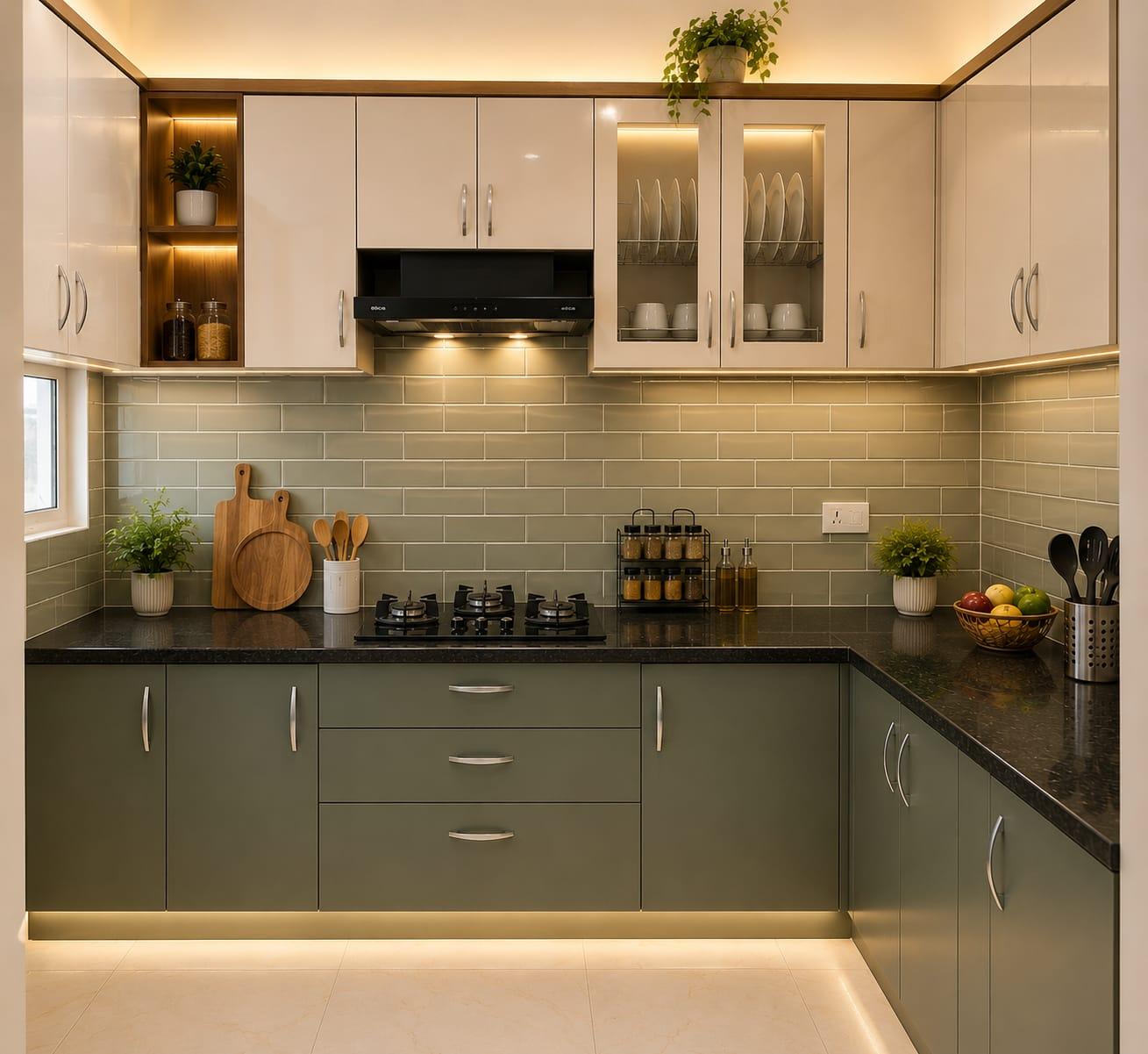 Sage green kitchen with subway tile backsplash and black granite countertop