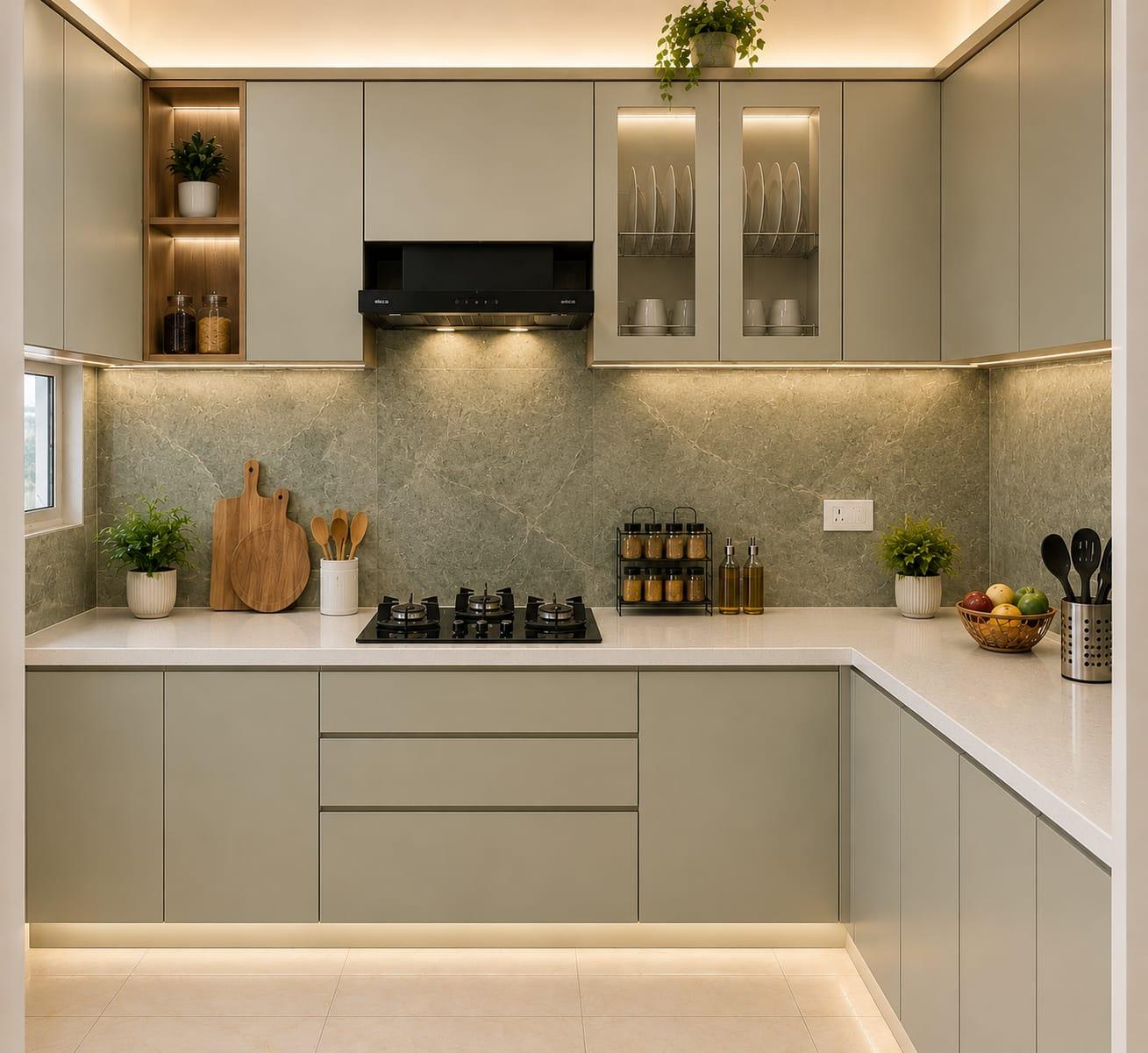 Sage green kitchen with white gloss cabinets and black granite countertop