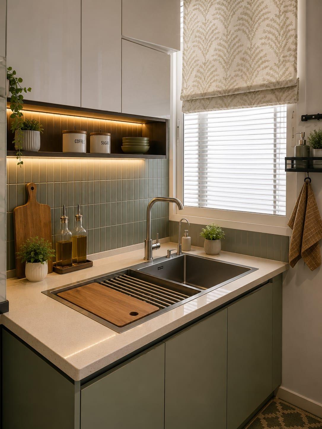 Kitchen sink counter beside a window with sage cabinetry