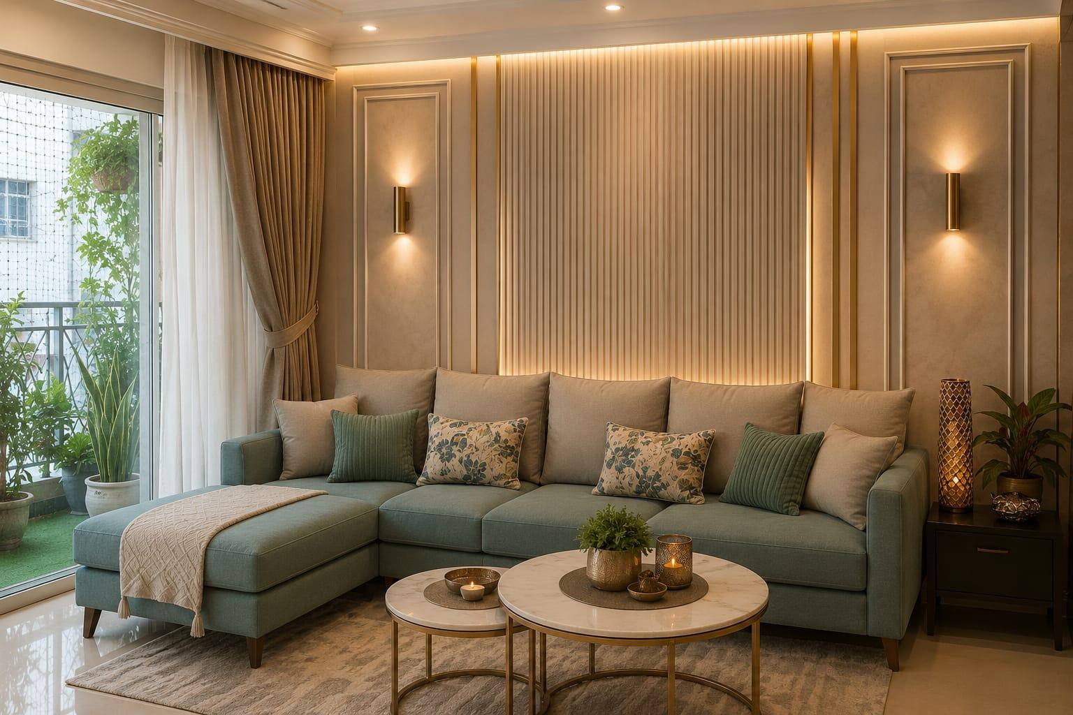 Sofa with nested marble-top coffee tables and fluted wall panelling
