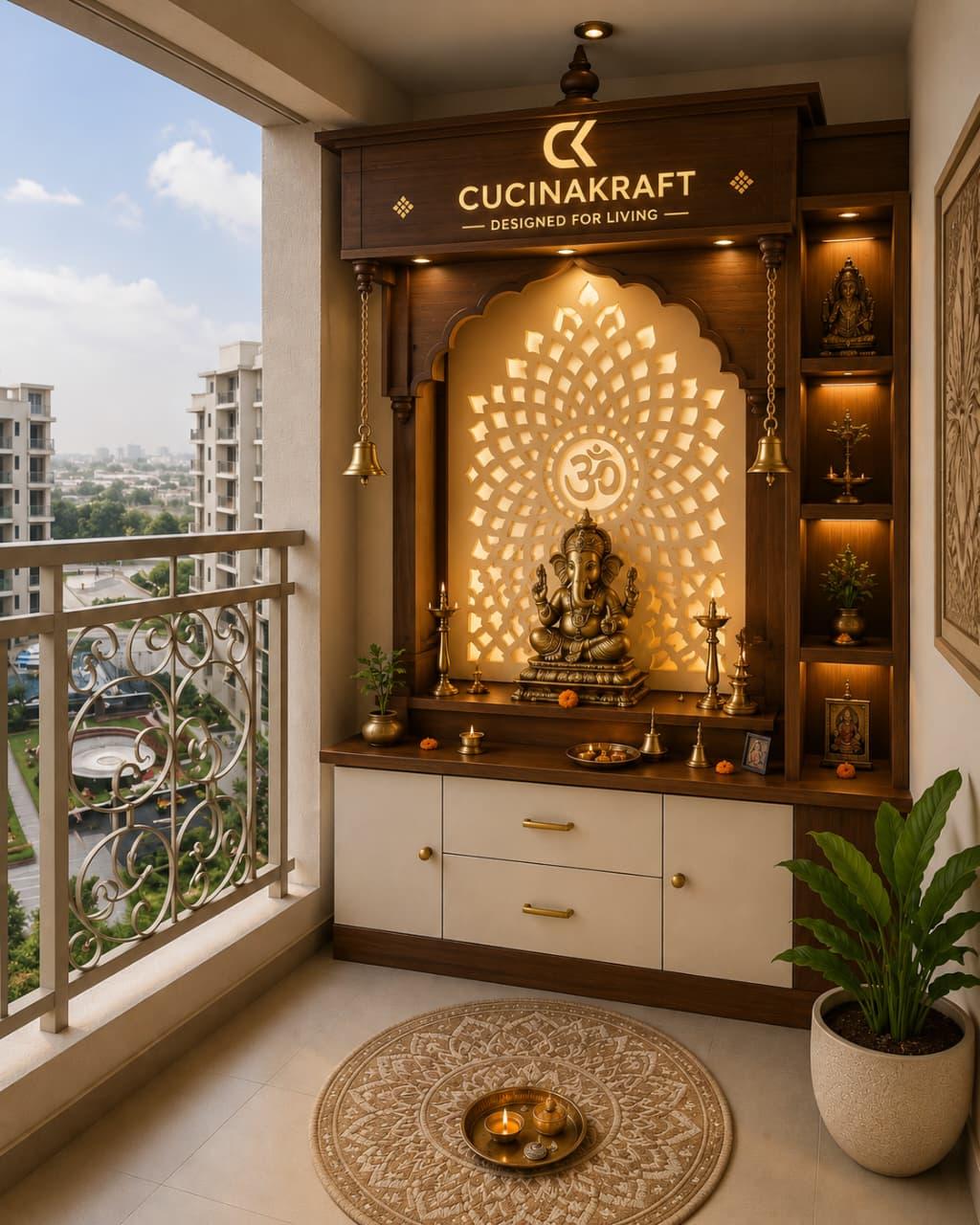 Custom-built pooja mandir unit on a balcony