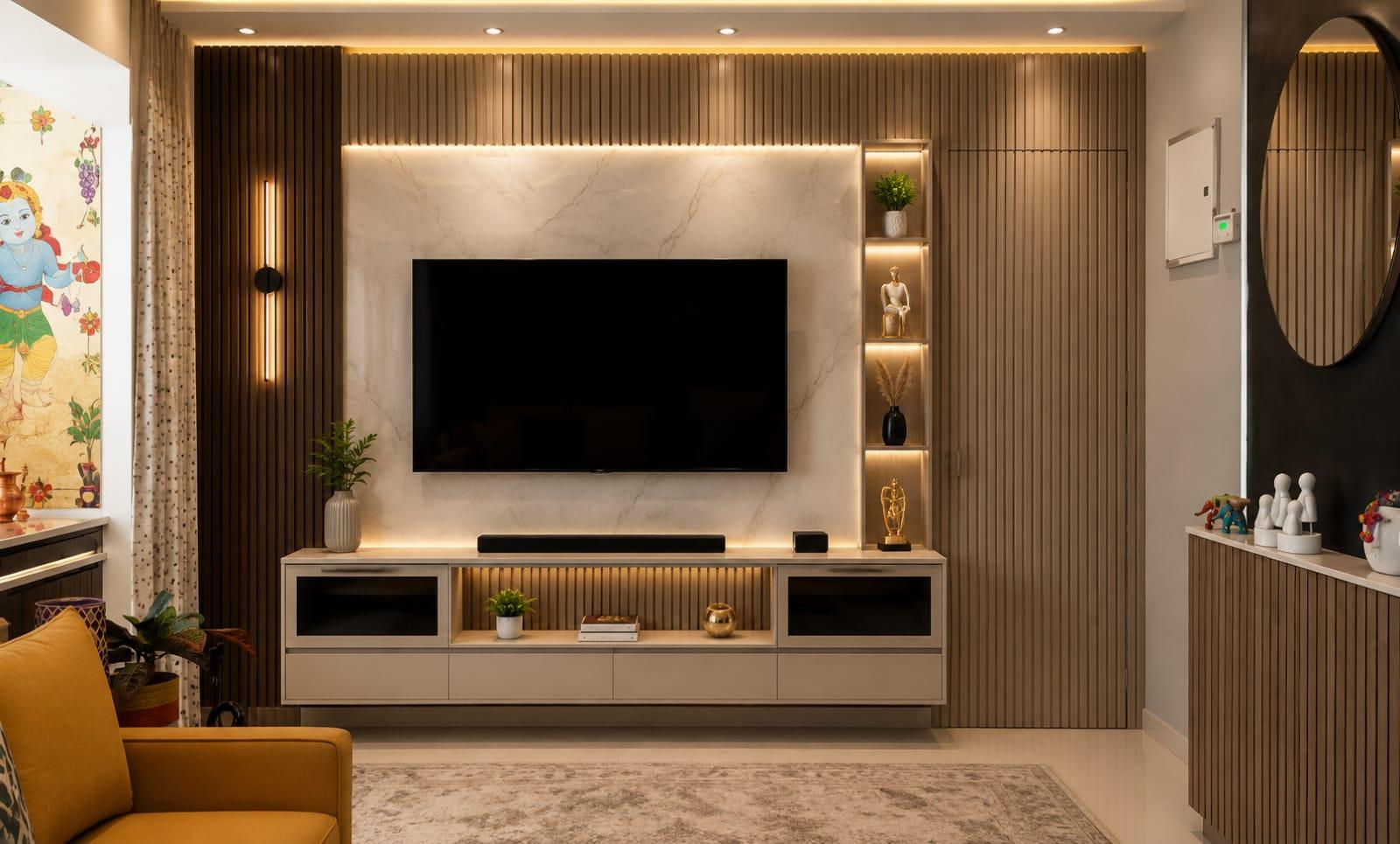 Fluted wood wall paneling beside a round mirror