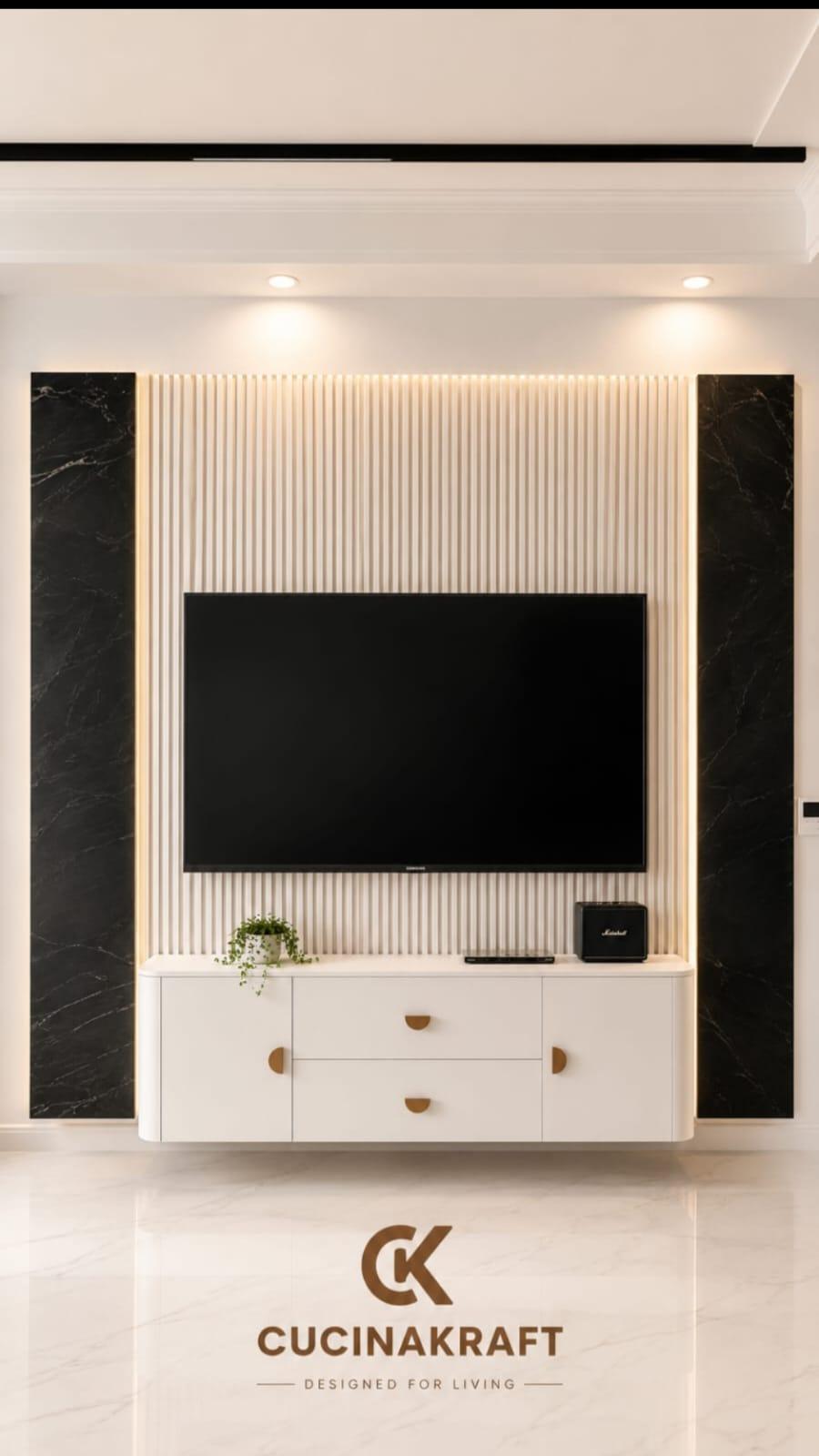 Marble and fluted wood panel wall with floating console