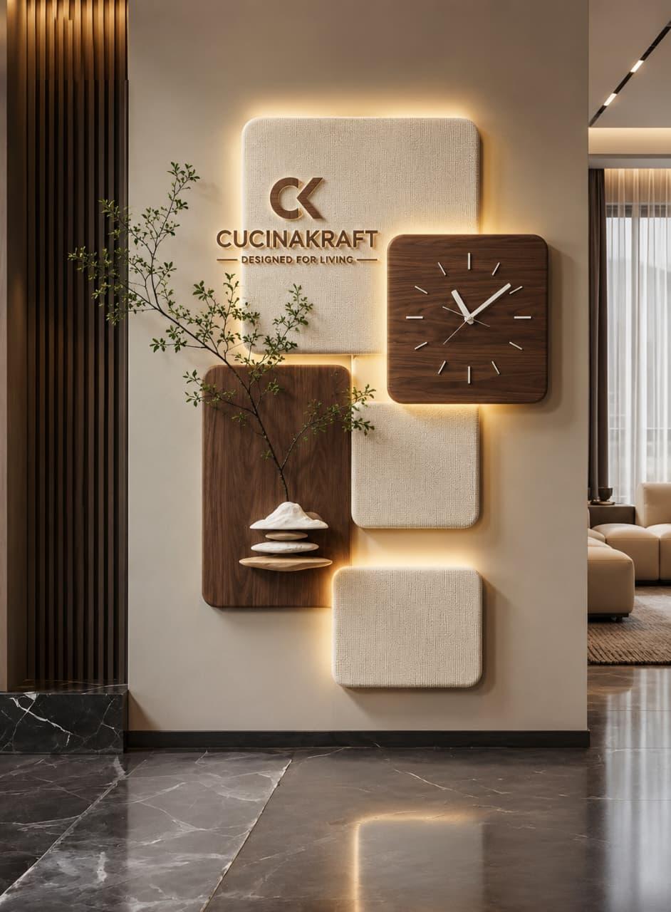 Sculptural wall panel with inset wooden clock